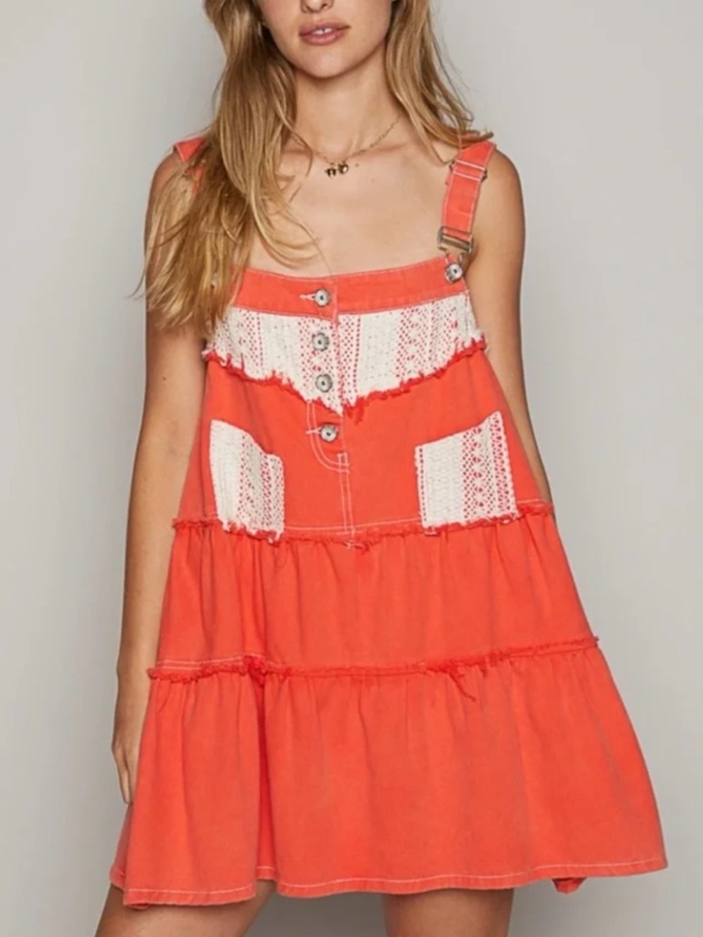 POL Red Denim Lace Overall Dress